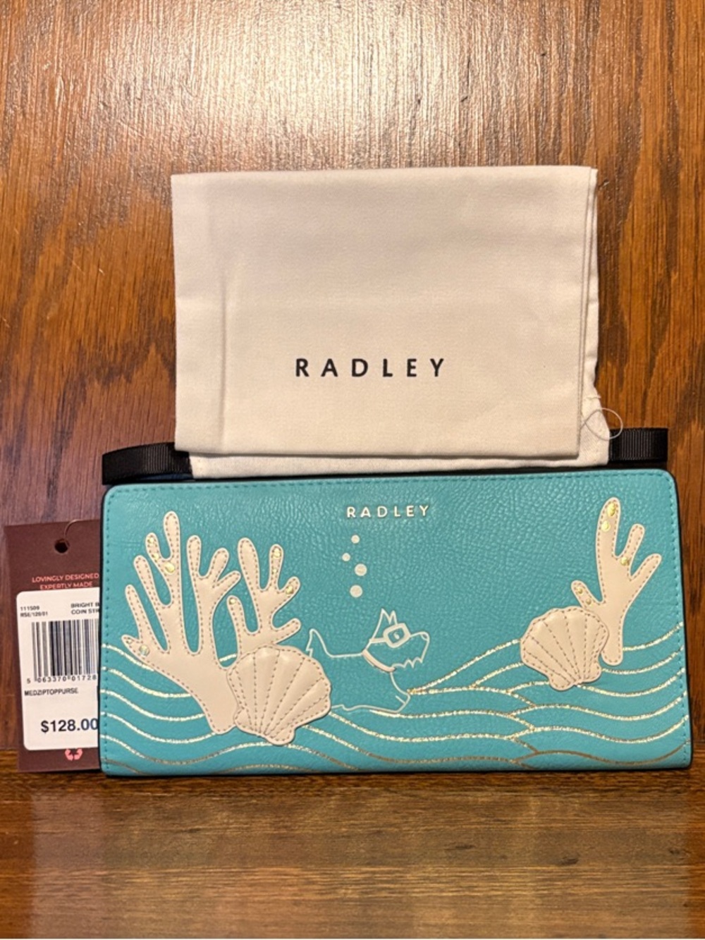 NWT-Radley London-Coin Street-Lg Bifold Wallet-Seashell Theme-Bright Blue-$128